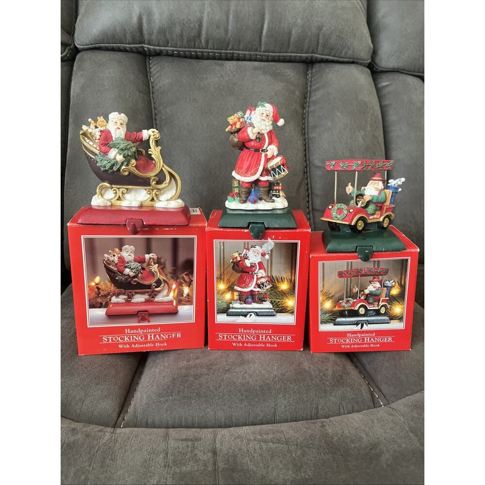 (3) Potpourri 1994 Christmas Stocking Hanger Holder Santa Sleigh Cast Iron Base